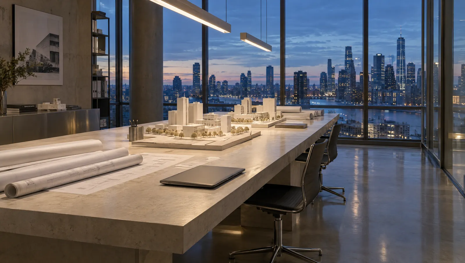 Architectural studio with massing models and a city view at blue hour