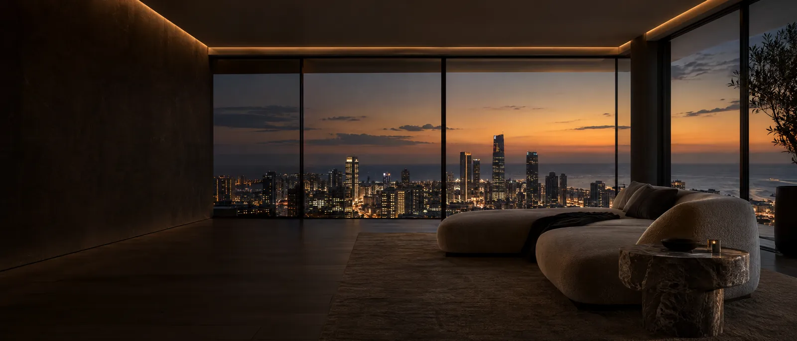 Dark penthouse lounge overlooking a glowing city and the sea at dusk