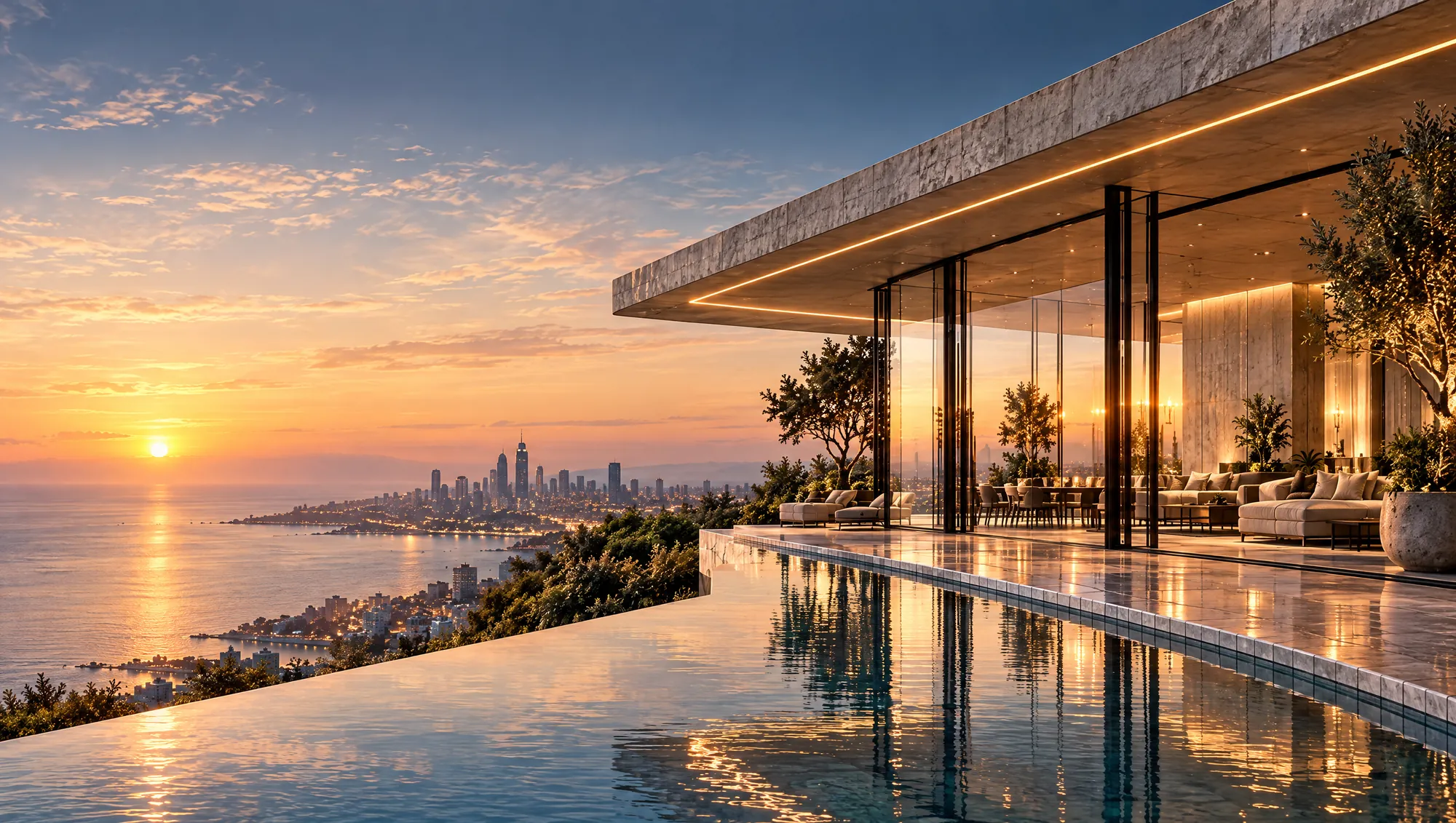 Cantilevered concrete and glass residence with an infinity pool overlooking a coastal city at sunset