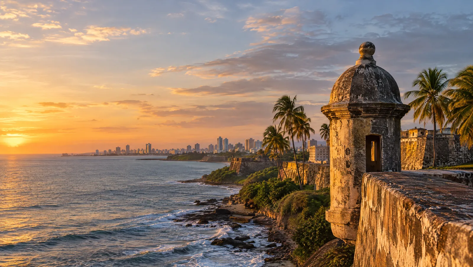 Historic fortress walls of Old San Juan at sunset