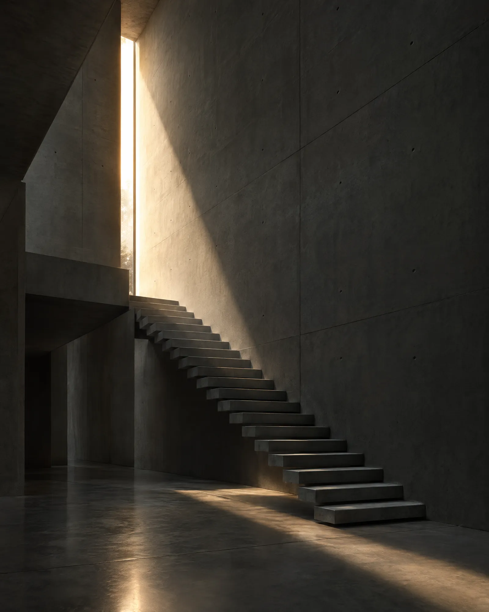 Concrete stair lit by a single blade of warm light