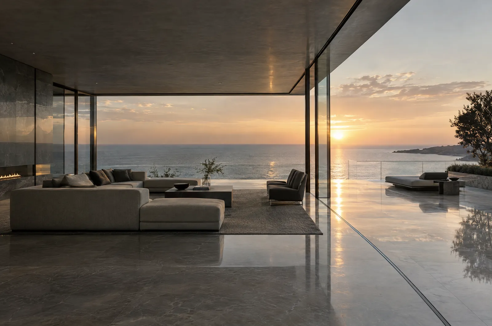 Glass pavilion living room open to the ocean at sunset
