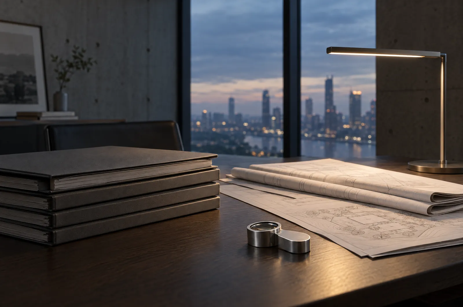 Research desk with property files, site plans and a silver loupe at dusk